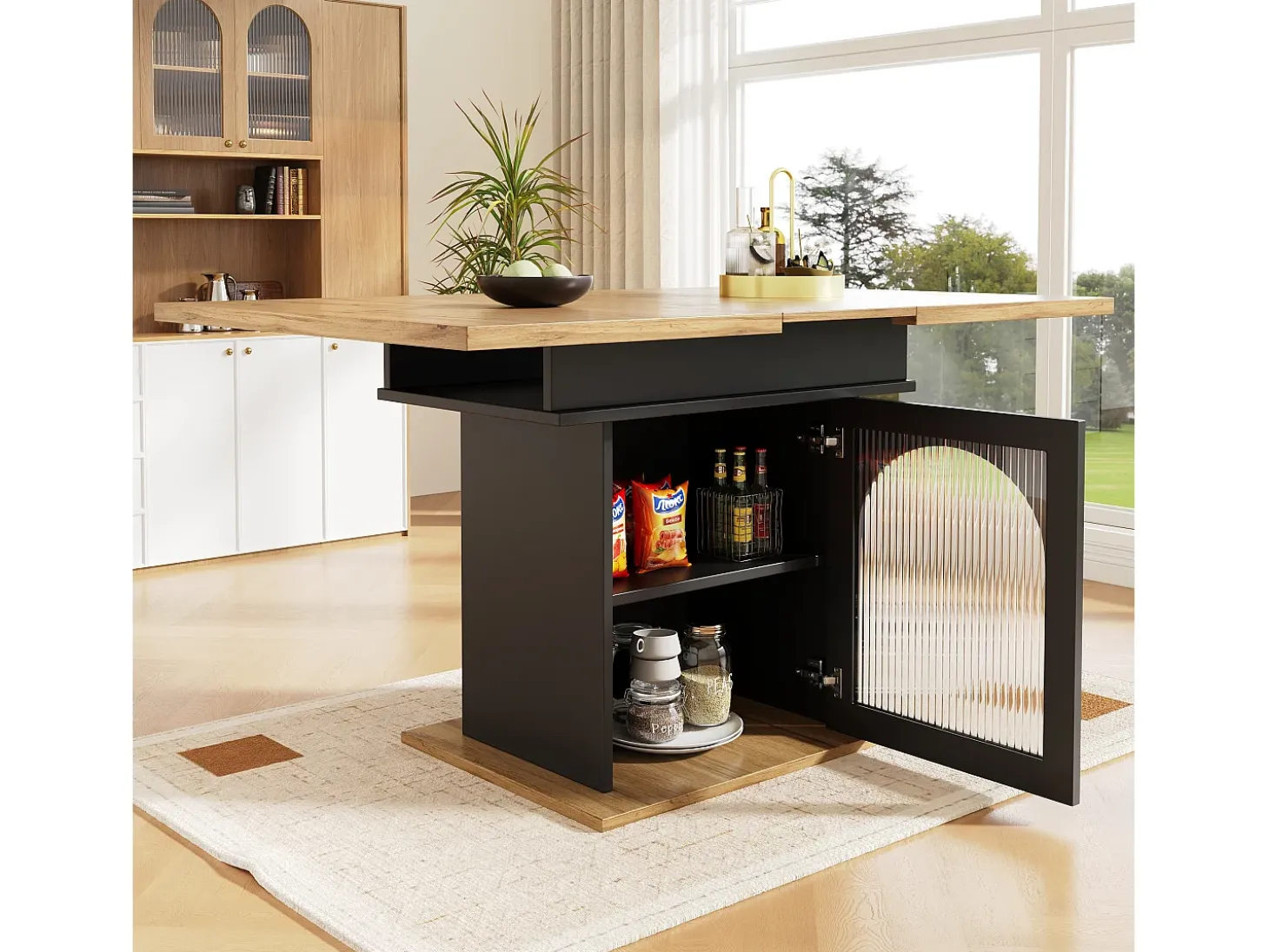 Mesa de comedor extensible para 6-8 personas con 1 puerta de cristal, tablero de chapa de madera veteada natural clara, cuerpo negro - 110/140x80x76cm