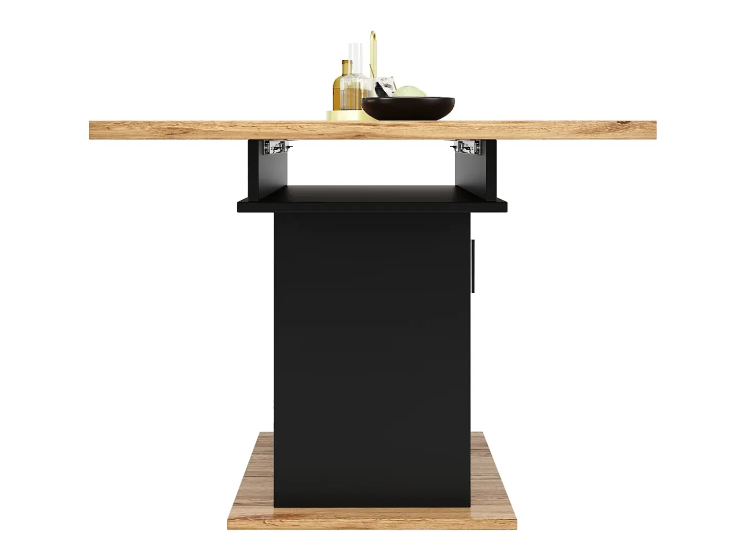 Mesa de comedor extensible para 6-8 personas con 1 puerta de cristal, tablero de chapa de madera veteada natural clara, cuerpo negro - 110/140x80x76cm