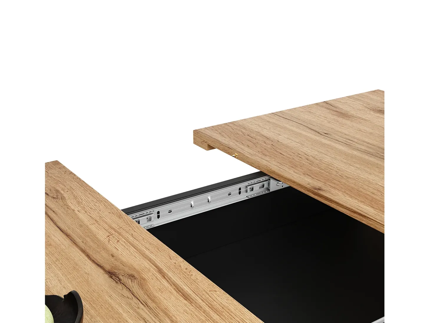 Mesa de comedor extensible para 6-8 personas con 1 puerta de cristal, tablero de chapa de madera veteada natural clara, cuerpo negro - 110/140x80x76cm