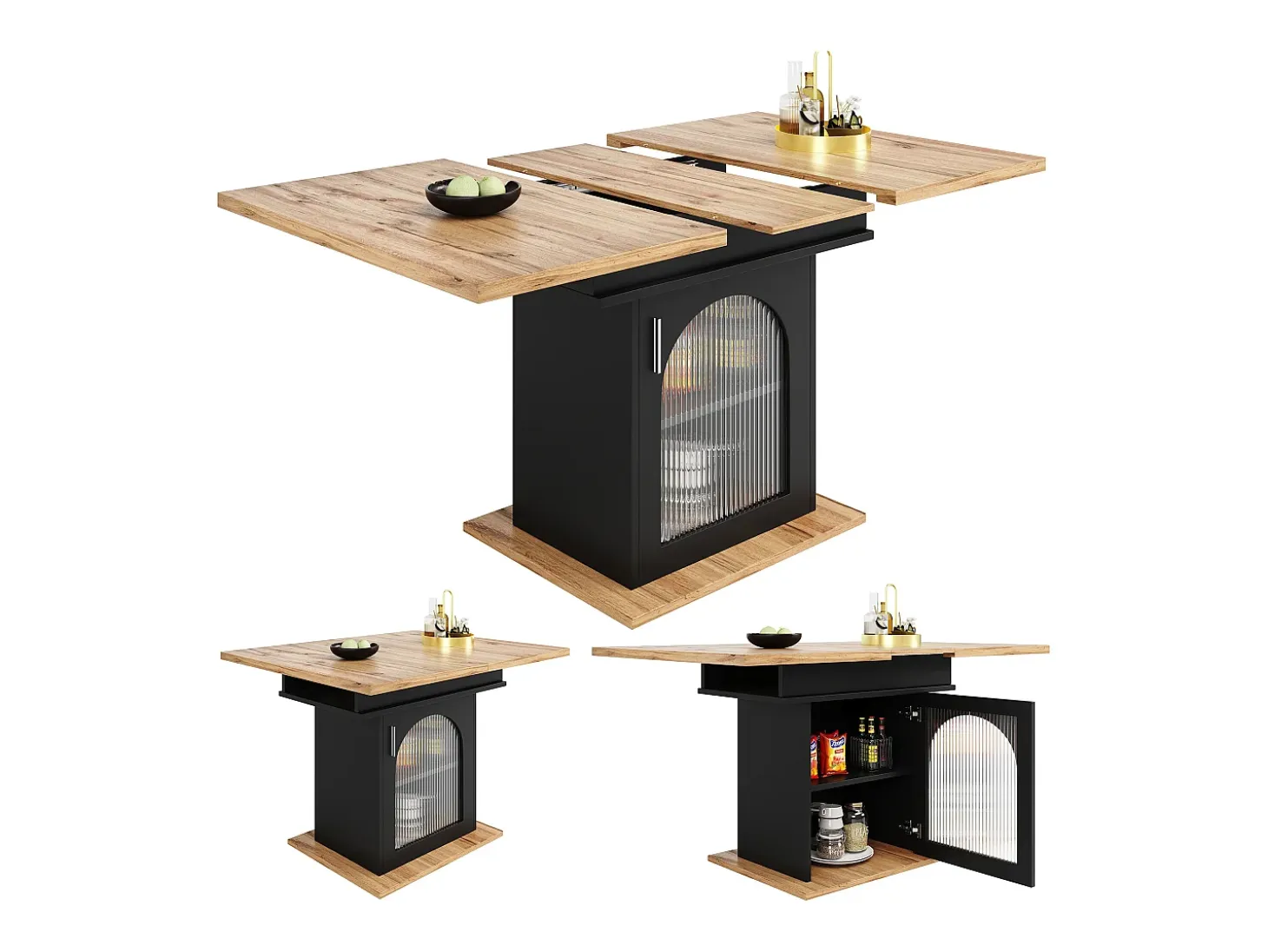 Mesa de comedor extensible para 6-8 personas con 1 puerta de cristal, tablero de chapa de madera veteada natural clara, cuerpo negro - 110/140x80x76cm