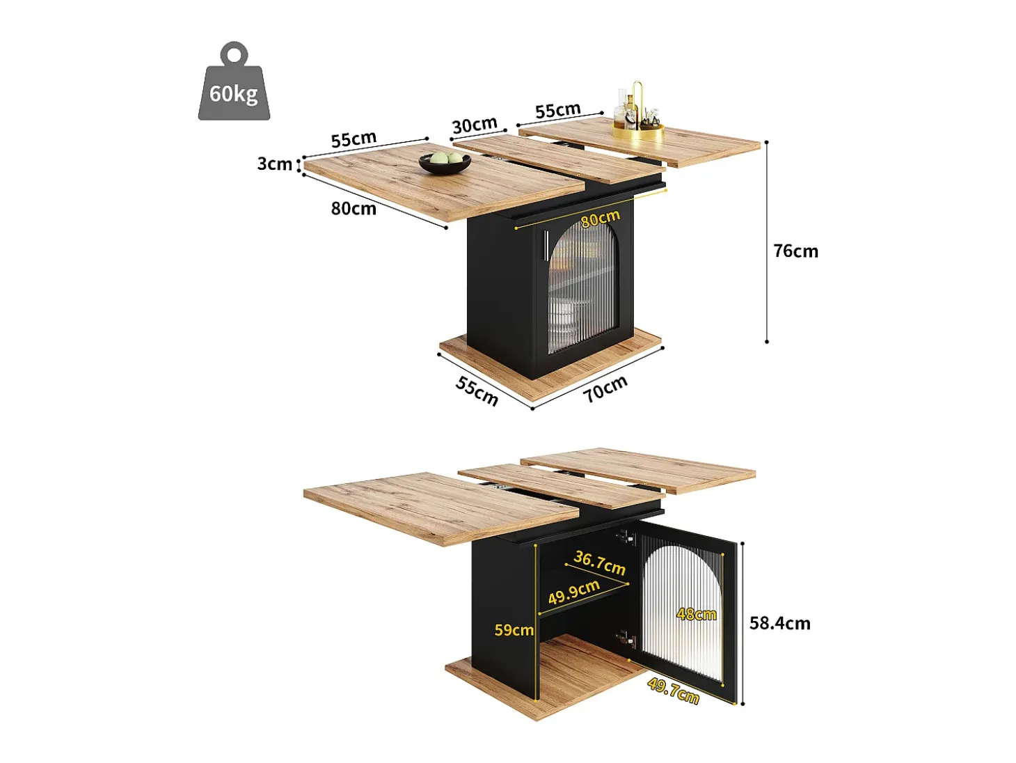 Mesa de comedor extensible para 6-8 personas con 1 puerta de cristal, tablero de chapa de madera veteada natural clara, cuerpo negro - 110/140x80x76cm