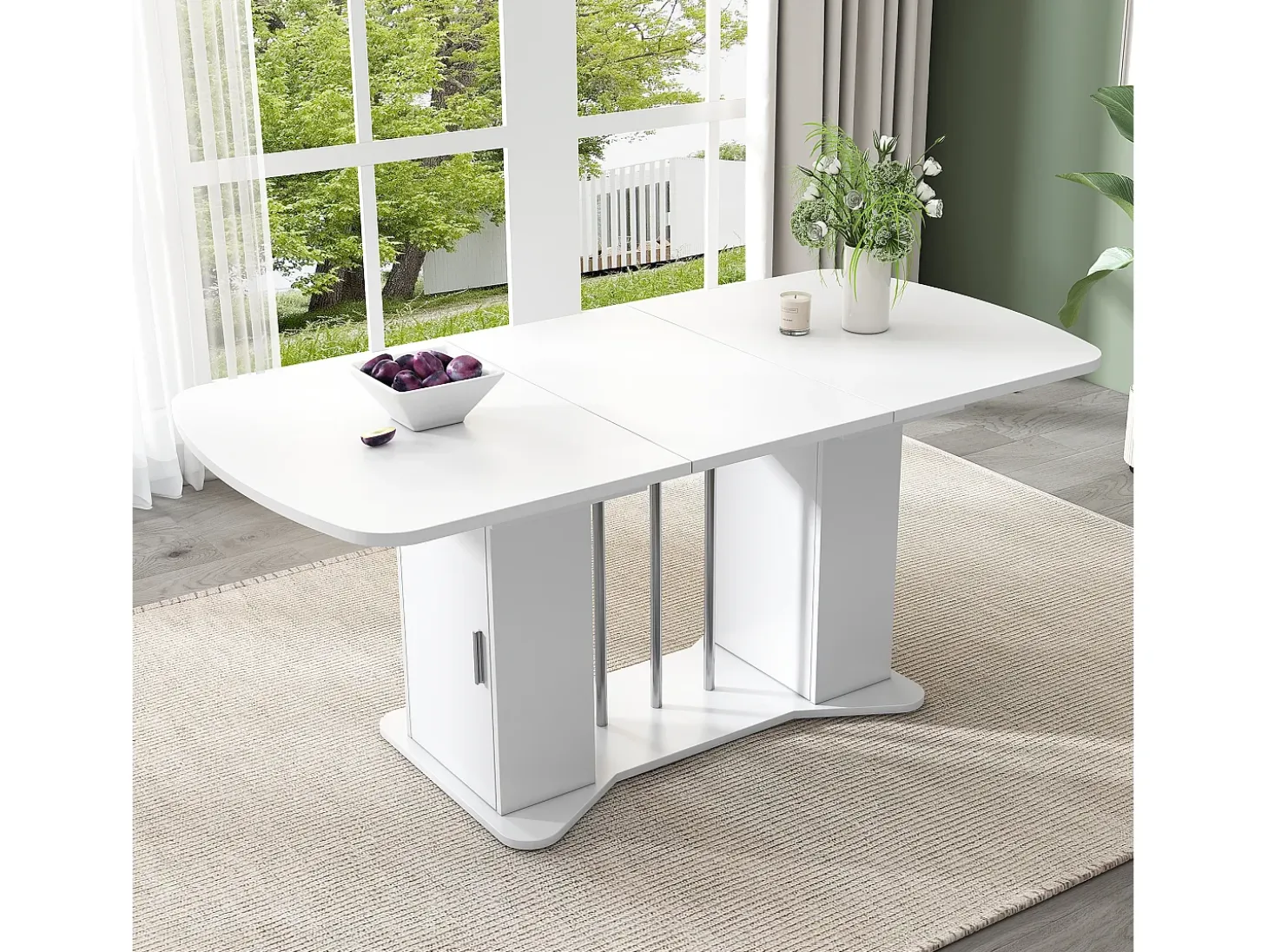 Mesa de comedor extensible 120/160 x 80 cm para 4 a 6 personas con almacenaje - Blanco