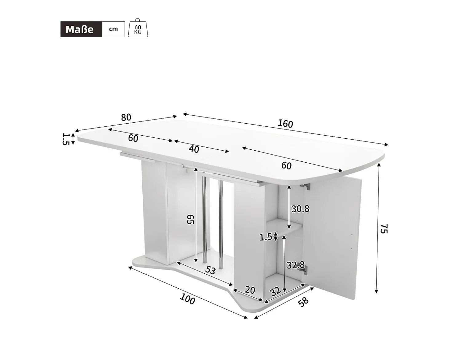 Mesa de comedor extensible 120/160 x 80 cm para 4 a 6 personas con almacenaje - Blanco