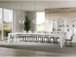 Mesa de comedor extensible de madera Naxo.-Color Blanco-Soporte 4 pies-5 alargaderas finas-Ancho extensible