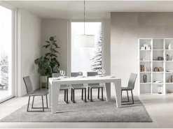 Mesa de comedor extensible de madera Naxo.-Color Blanco-Soporte 4 pies-5 alargaderas finas-Ancho extensible