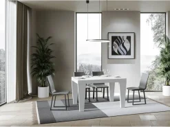 Mesa de comedor extensible de madera Kristo patas en V-Color Blanco-Base y soporte con ruedas-5 alargaderas finas-Ancho extensible