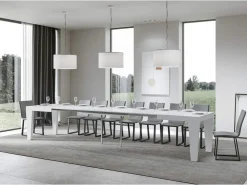 Mesa de comedor extensible de madera Kristo patas en V-Color Blanco-Base y soporte con ruedas-5 alargaderas finas-Ancho extensible