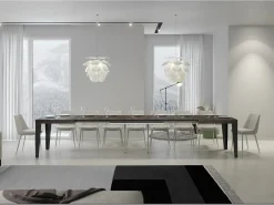 Mesa de comedor extensible Flavio-Color Marrón-Soporte 4 pies-5 alargaderas finas-Ancho extensible