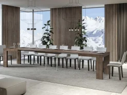 Mesa de comedor extensible de madera Ribo-Color Marrón-Soporte 4 pies-5 alargaderas finas-Ancho extensible