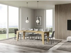 Mesa de comedor extensible de madera Naxo.-Color Natural-Base y soporte con ruedas-Alargaderas -Ancho extensible