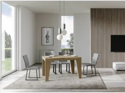 Mesa de comedor extensible de madera Naxo.-Color Natural-Base y soporte con ruedas-Alargaderas -Ancho extensible