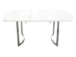 Mesa de comedor extensible, diseño moderno, MDF, blanco, patas de metal plateado (L140-180 x P80 x H75 cm)