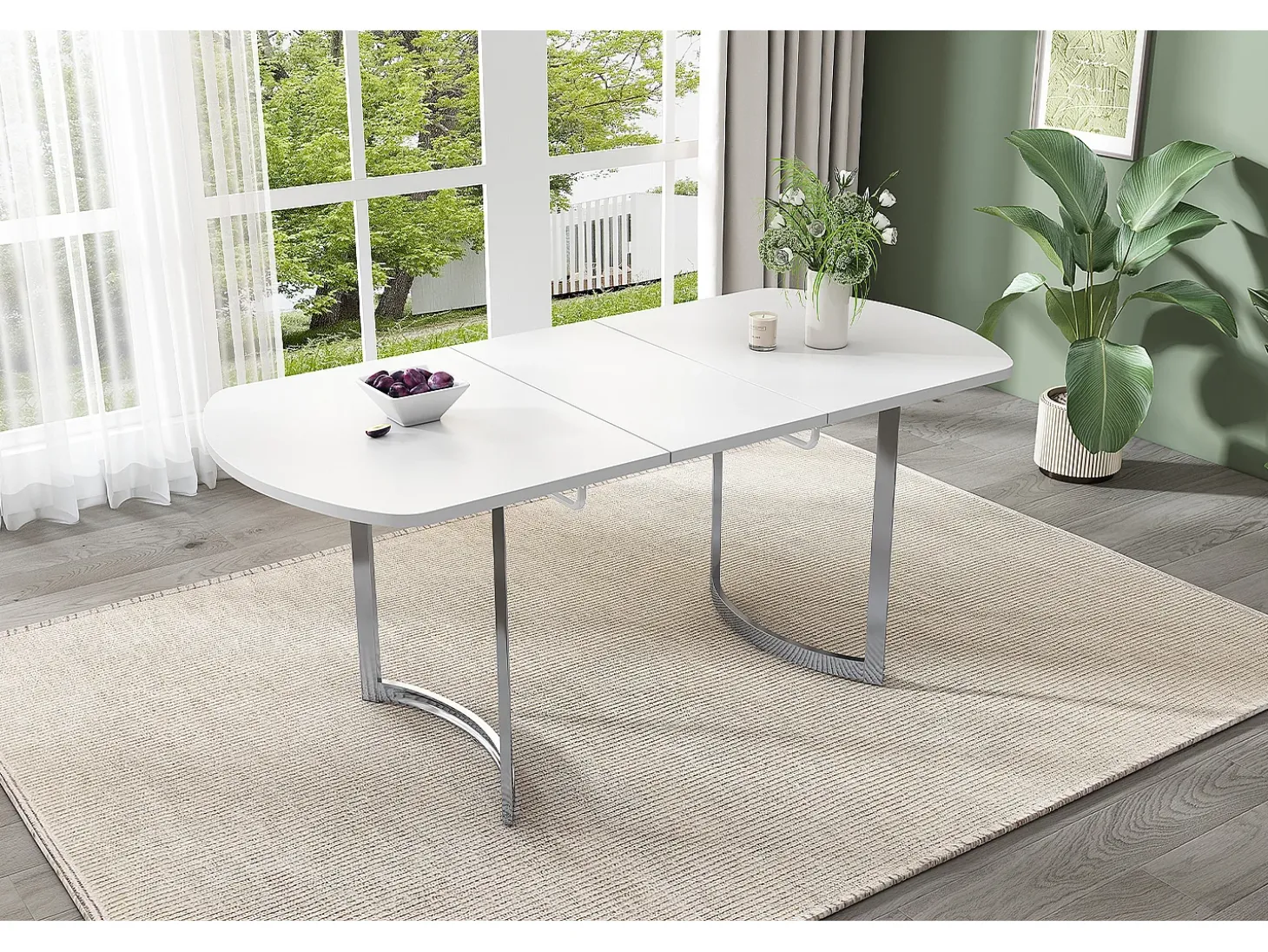 Mesa de comedor extensible, diseño moderno, MDF, blanco, patas de metal plateado (L140-180 x P80 x H75 cm)