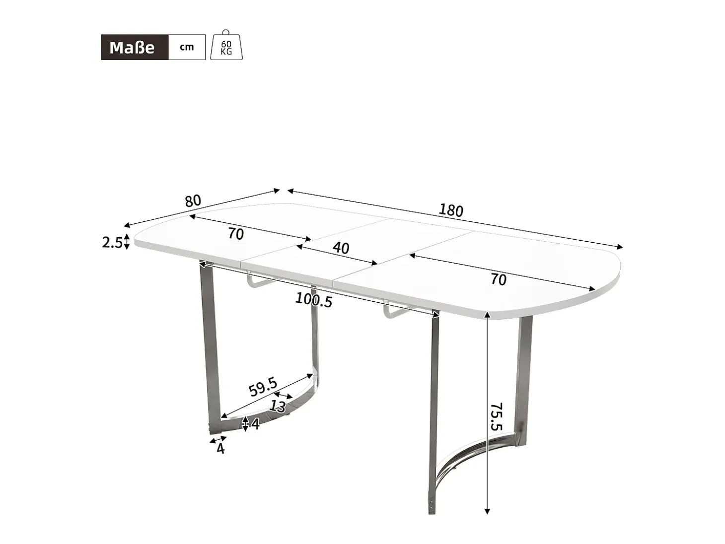 Mesa de comedor extensible, diseño moderno, MDF, blanco, patas de metal plateado (L140-180 x P80 x H75 cm)