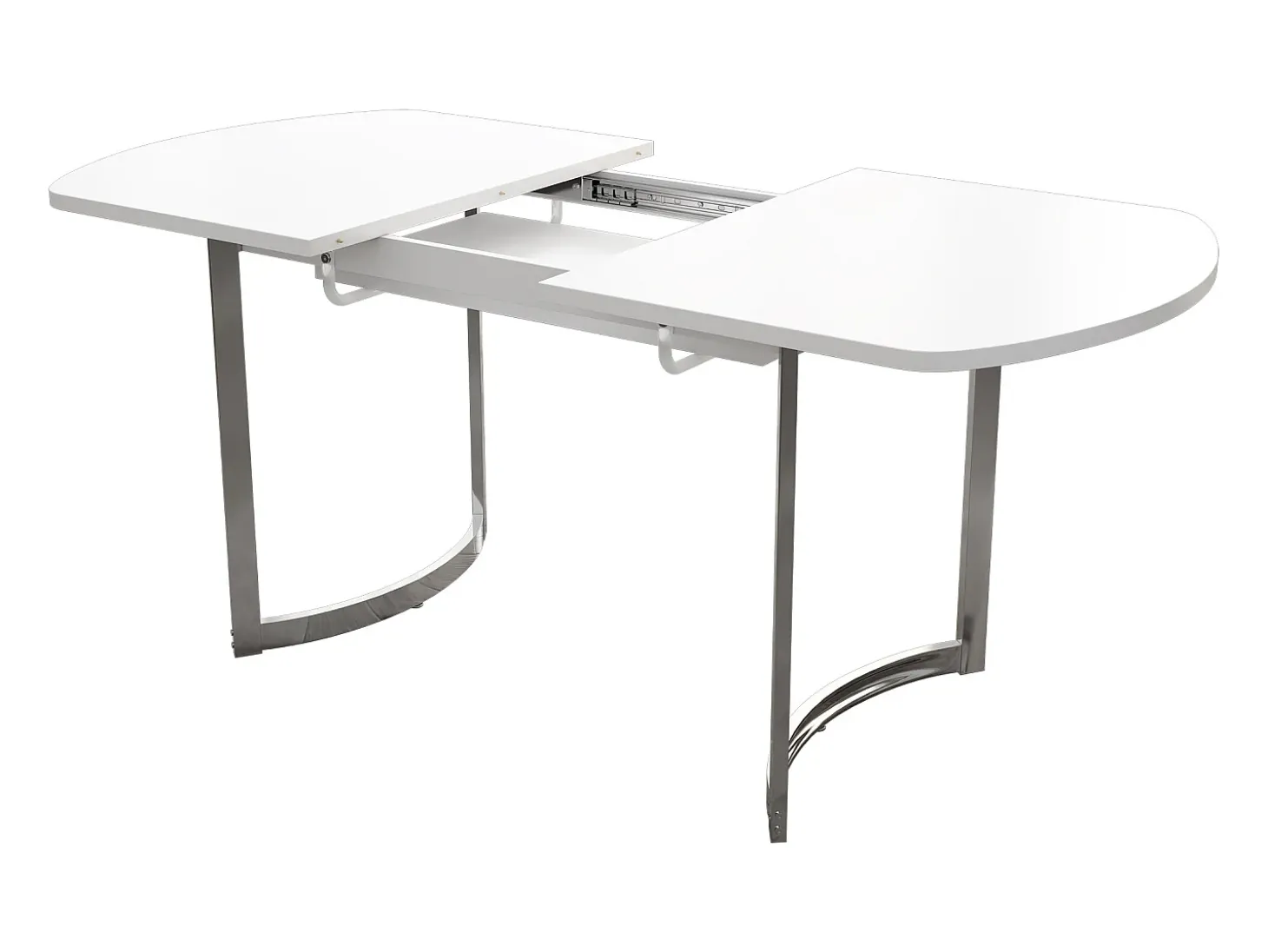 Mesa de comedor extensible, diseño moderno, MDF, blanco, patas de metal plateado (L140-180 x P80 x H75 cm)