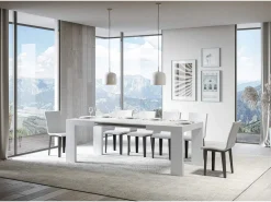 Mesa de comedor extensible de madera Ribo-Color Blanco-Base y soporte con ruedas-Alargaderas -Ancho extensible