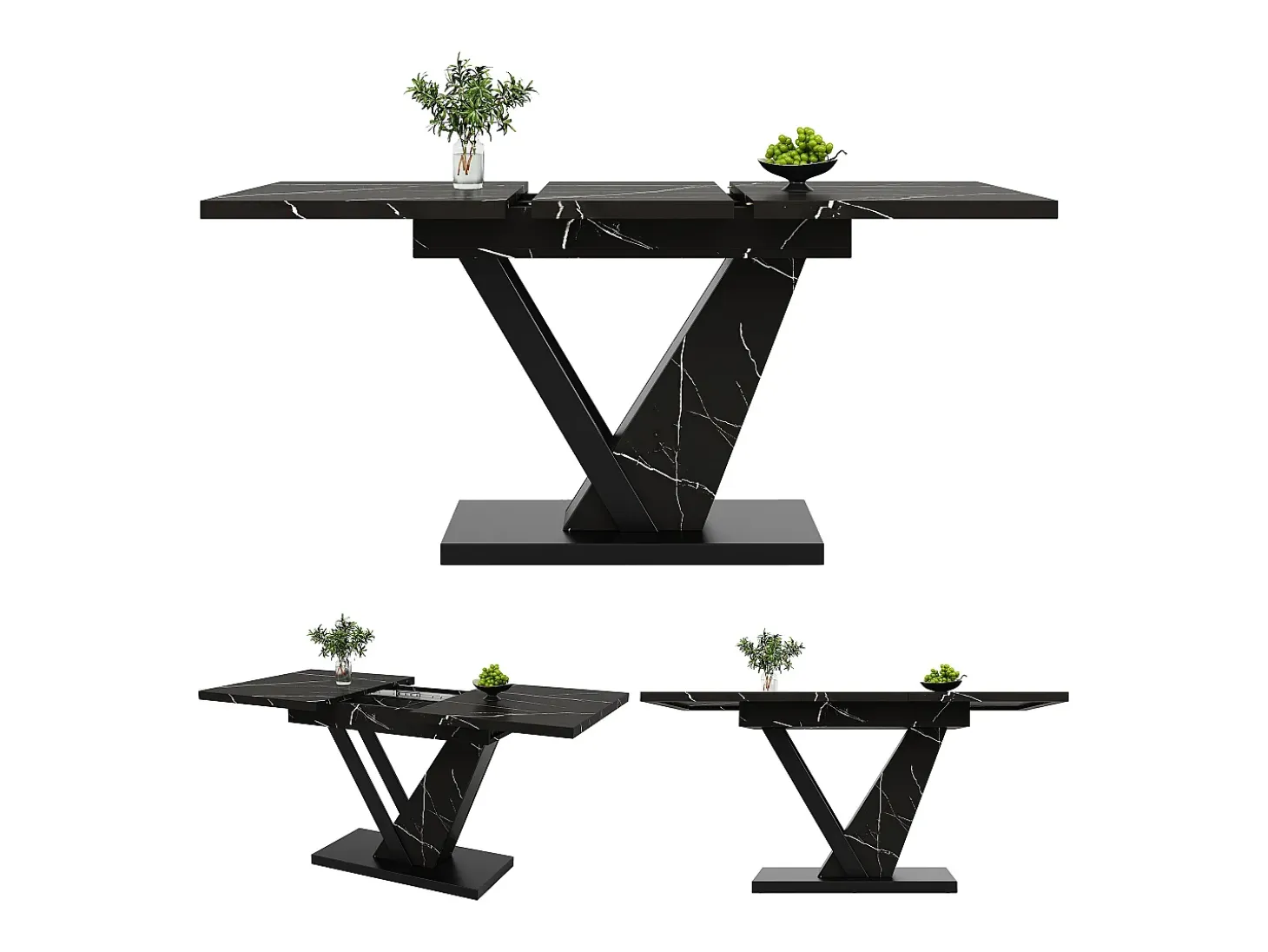 Mesa de comedor extensible para 4-6 personas 160x75cm en MDF con patas de acero regulables, chapa de mármol negro