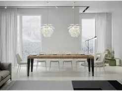 Mesa de comedor extensible Flavio-Color Blanco-Base y soporte con ruedas-5 alargaderas finas-Ancho extensible