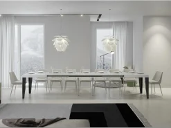Mesa de comedor extensible Flavio-Color Blanco-Base y soporte con ruedas-5 alargaderas finas-Ancho extensible