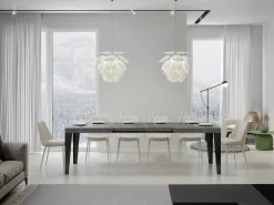 Mesa de comedor extensible Flavio-Color Gris cemento-Soporte 2 pies-Alargaderas -Ancho extensible
