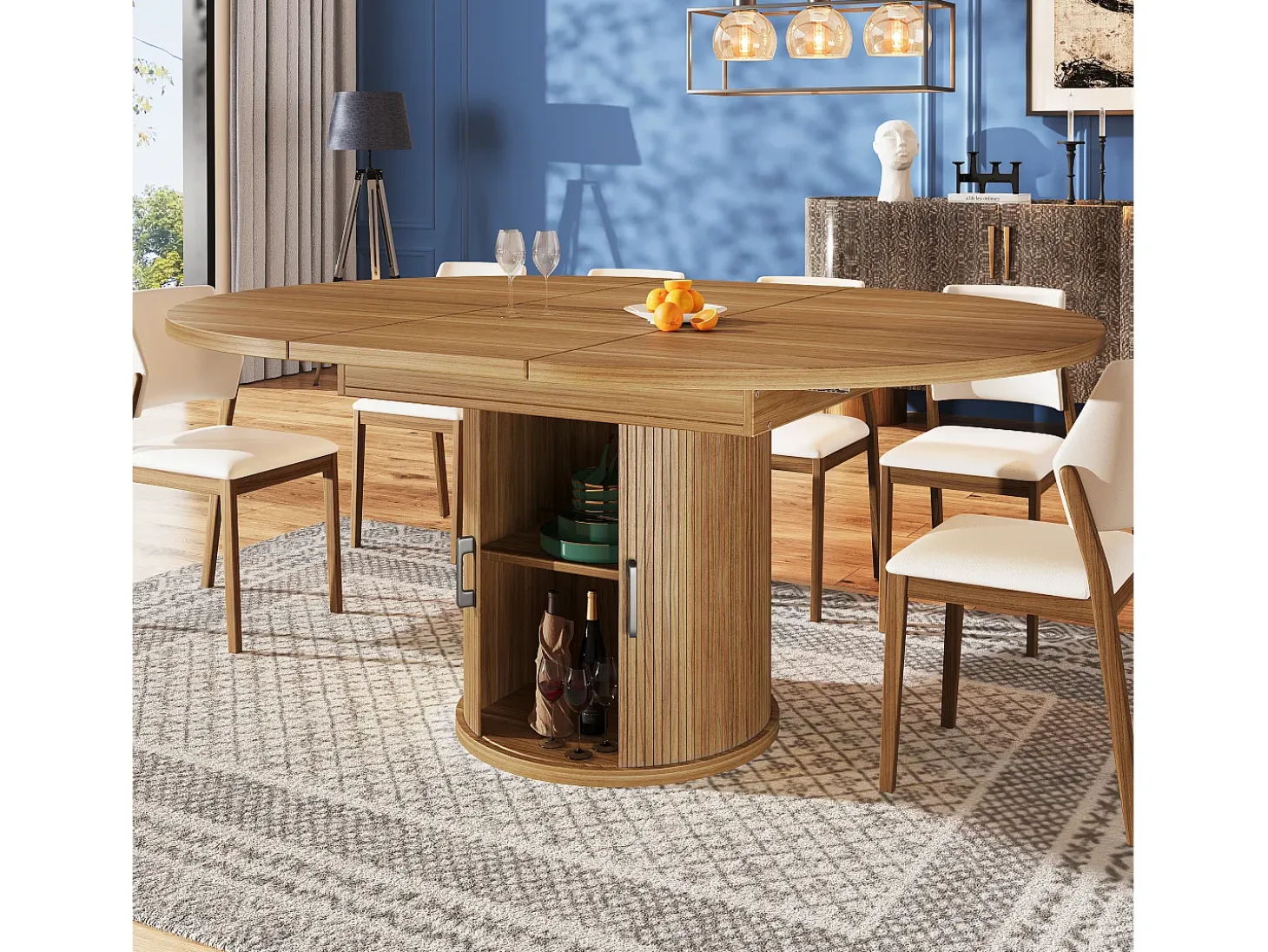 Mesa de comedor extensible redonda/ovalada, MDF, nogal/negro (118x118x76,8cm)