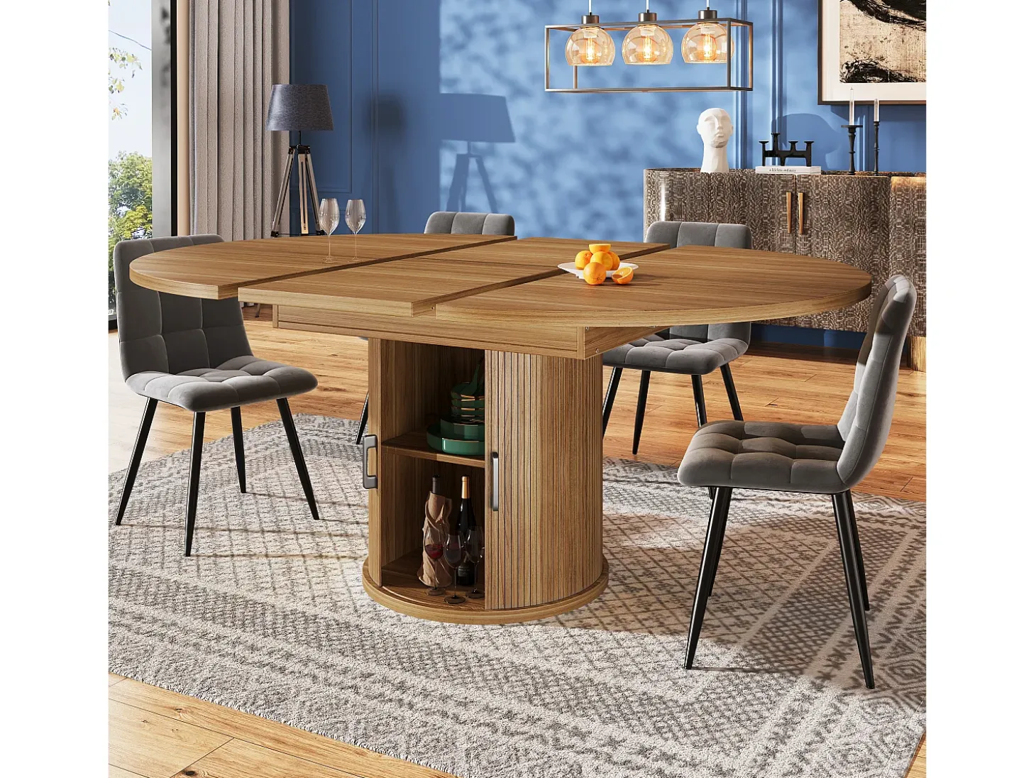 Mesa de comedor extensible redonda/ovalada, MDF, nogal/negro (118x118x76,8cm)