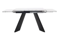 Mesa de comedor extensible (99-159x74cm), mesa de cocina con función telescópica, MDF, patas de metal, blanco/negro (99-159x74x77 cm)