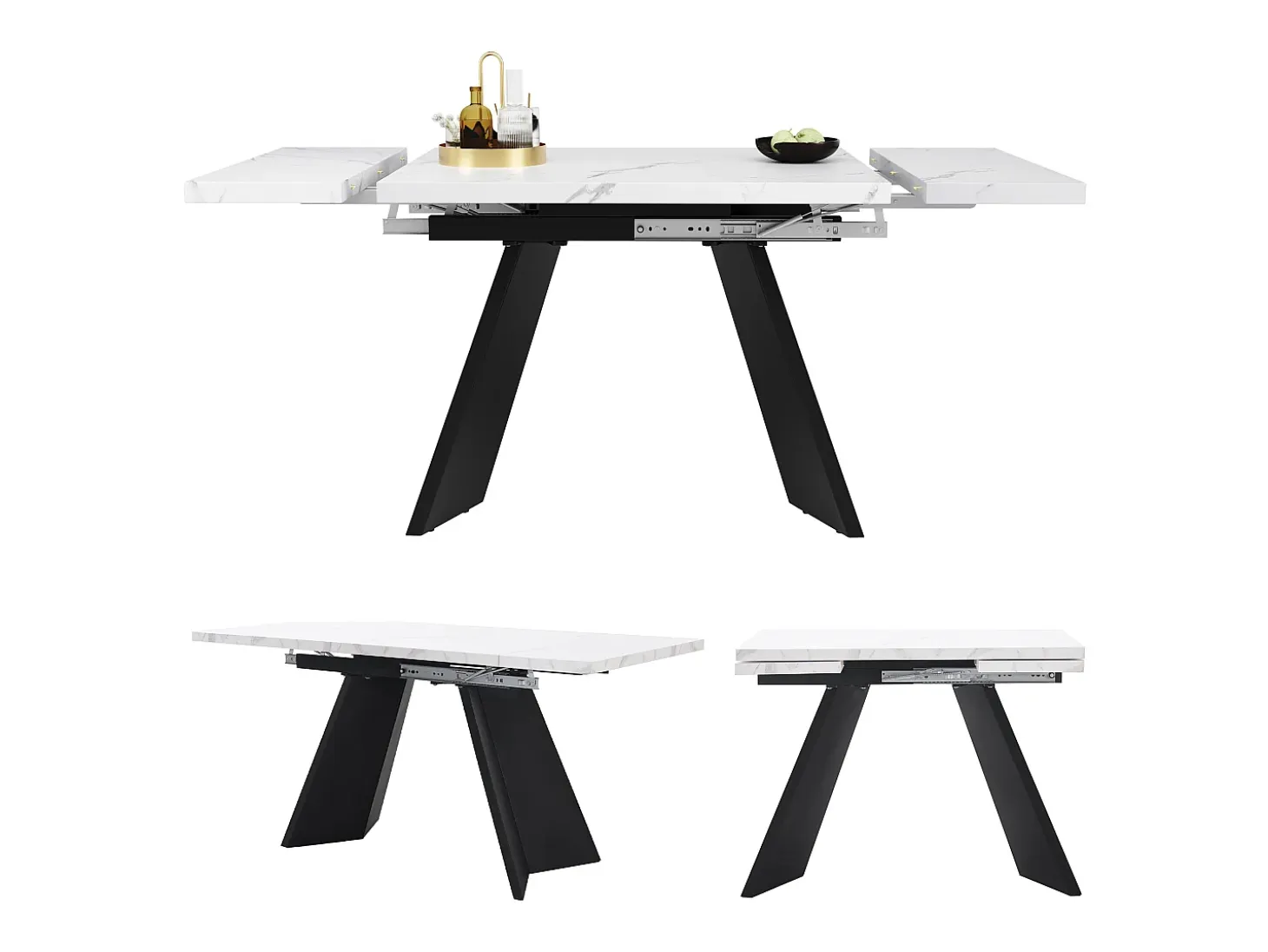 Mesa de comedor extensible (99-159x74cm), mesa de cocina con función telescópica, MDF, patas de metal, blanco/negro (99-159x74x77 cm)