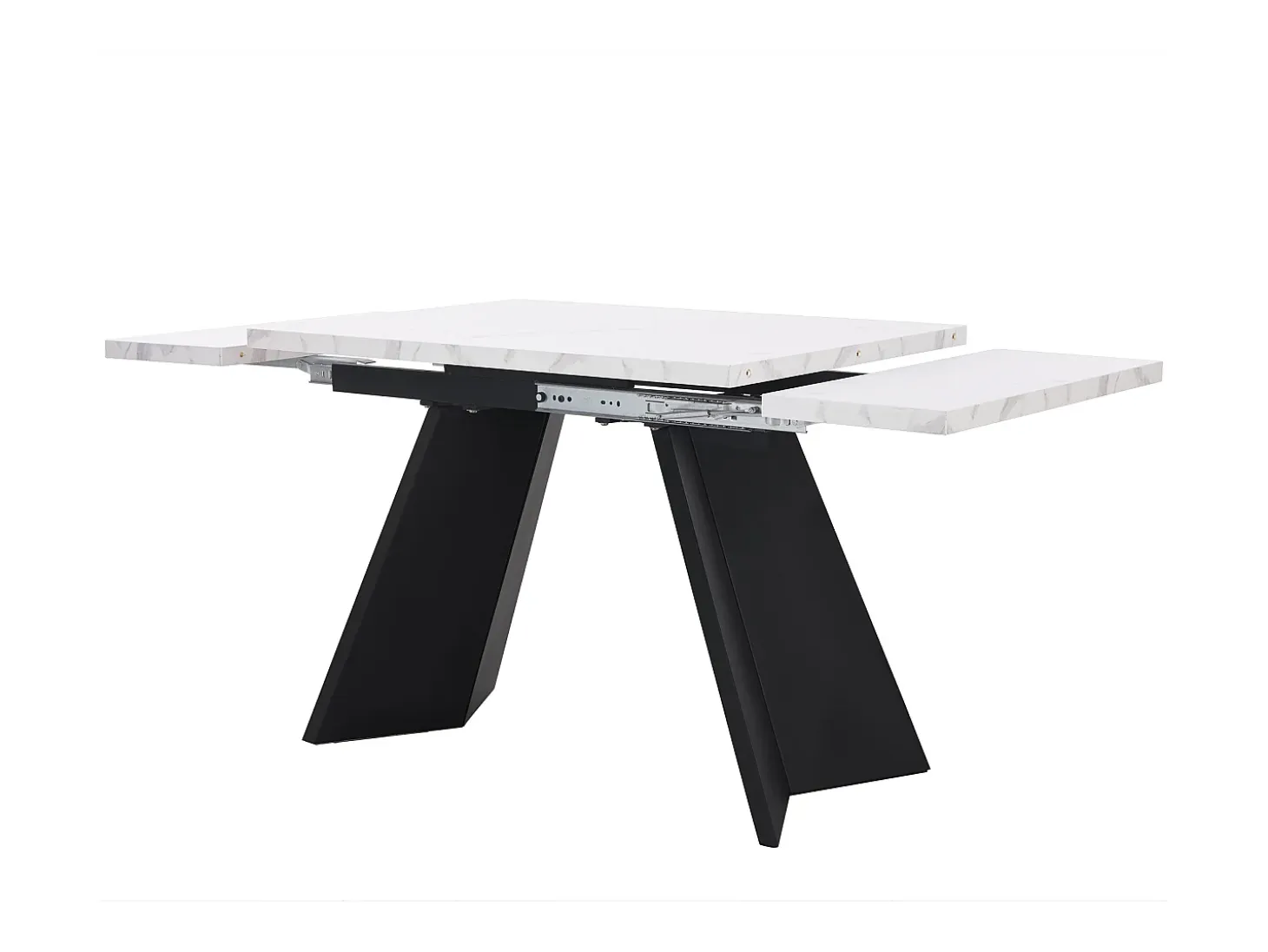 Mesa de comedor extensible (99-159x74cm), mesa de cocina con función telescópica, MDF, patas de metal, blanco/negro (99-159x74x77 cm)