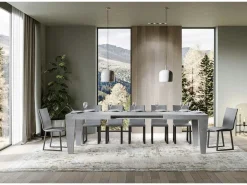 Mesa de comedor extensible de madera Kristo patas en V-Color Gris cemento-Base y soporte con ruedas-Alargaderas -Ancho extensible