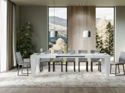Mesa de comedor extensible de madera Kristo patas en V-Color Blanco-Base y soporte con ruedas-5 alargaderas finas-Ancho extensible