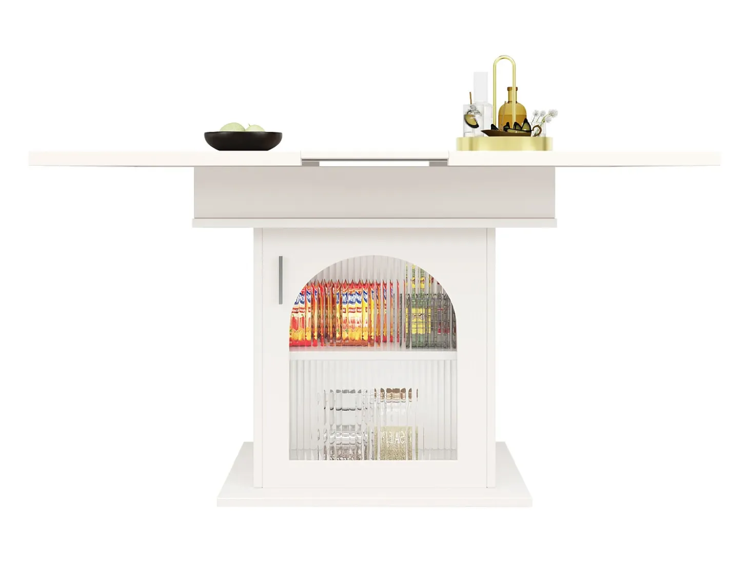 Mesa de comedor extensible - tres estantes de almacenamiento integrados de altura regulable - 110/140×80×76 cm - blanco