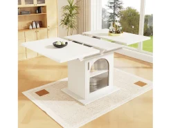 Mesa de comedor extensible - tres estantes de almacenamiento integrados de altura regulable - 110/140×80×76 cm - blanco