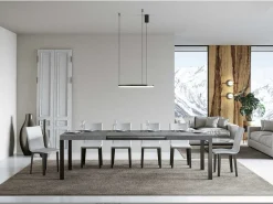 Mesa de comedor extensible Karry-Color Gris cemento-Base y soporte con ruedas-Ancho extensible