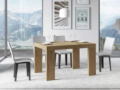 Mesa de comedor extensible de madera Ribo-Color Natural-Base y soporte con ruedas-Alargaderas -Ancho extensible