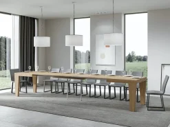 Mesa de comedor extensible de madera Kristo patas en V-Color Natural-Base y soporte con ruedas-5 alargaderas finas-Ancho extensible