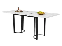 Mesa de comedor extensible (140-179,5x80cm), diseño moderno con patas metálicas cruzadas, MDF, blanco/negro