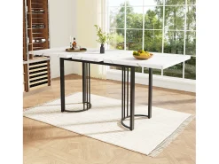 Mesa de comedor extensible (140-179,5x80cm), diseño moderno con patas metálicas cruzadas, MDF, blanco/negro