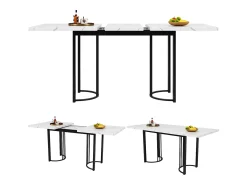 Mesa de comedor extensible (140-179,5x80cm), diseño moderno con patas metálicas cruzadas, MDF, blanco/negro