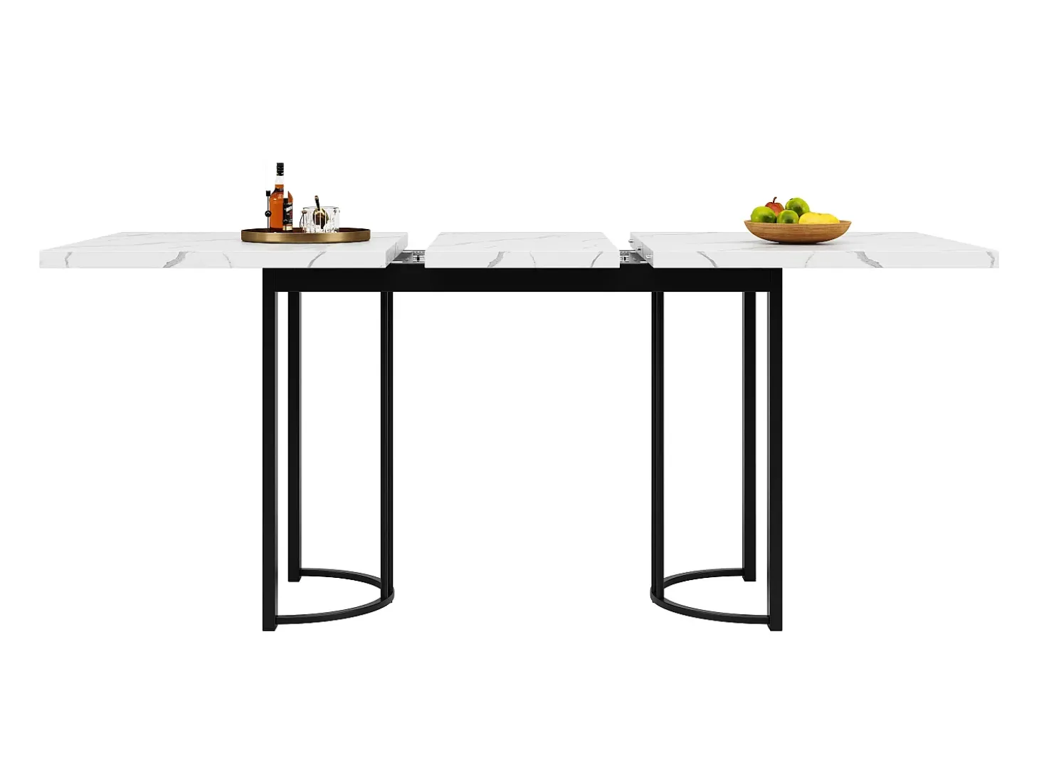 Mesa de comedor extensible (140-179,5x80cm), diseño moderno con patas metálicas cruzadas, MDF, blanco/negro