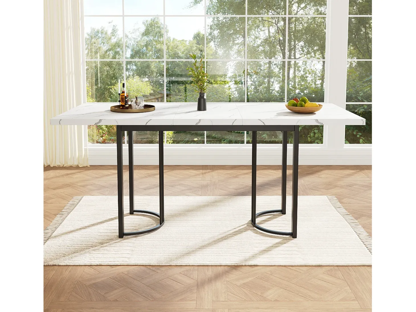 Mesa de comedor extensible (140-179,5x80cm), diseño moderno con patas metálicas cruzadas, MDF, blanco/negro