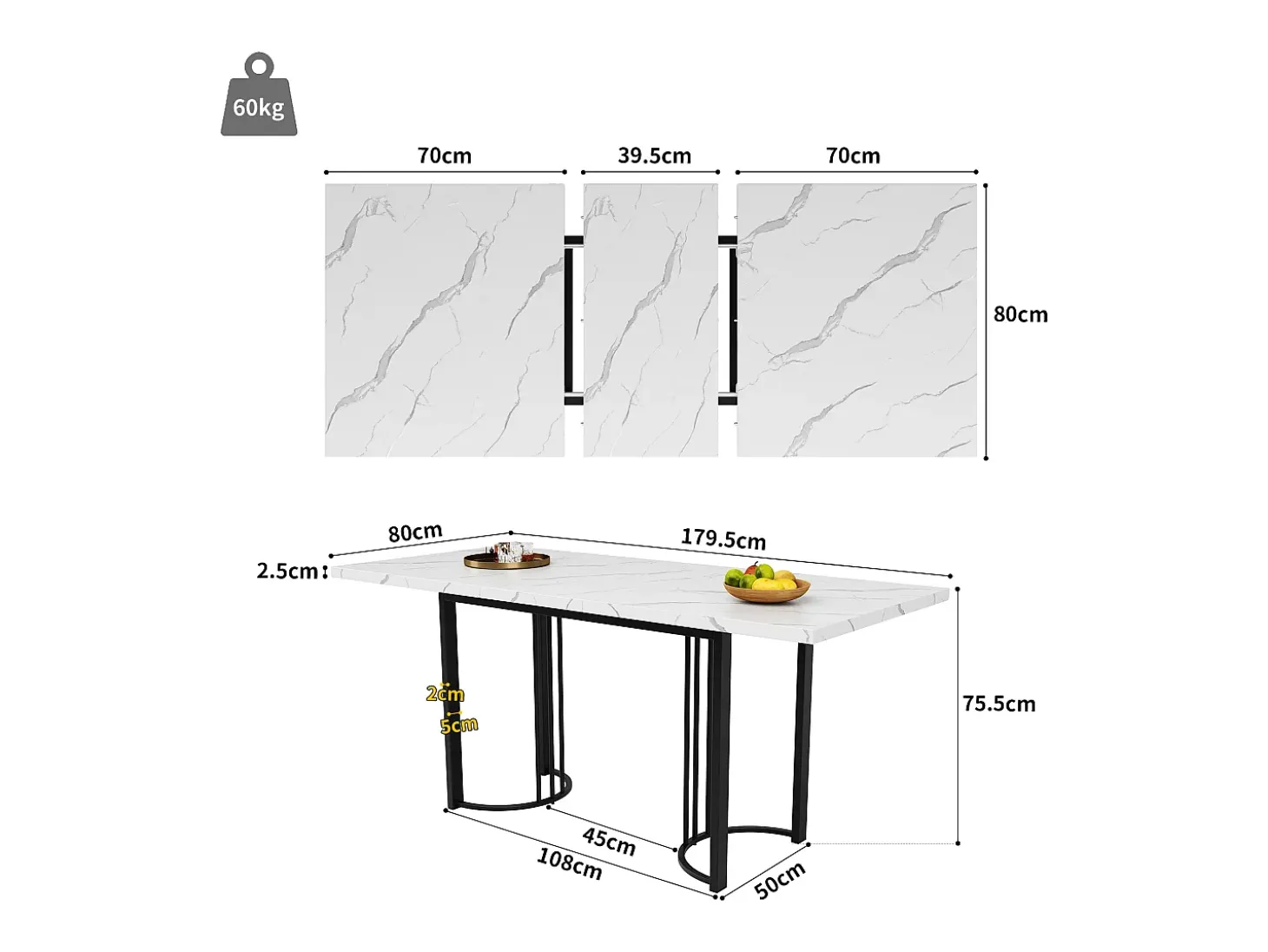 Mesa de comedor extensible (140-179,5x80cm), diseño moderno con patas metálicas cruzadas, MDF, blanco/negro
