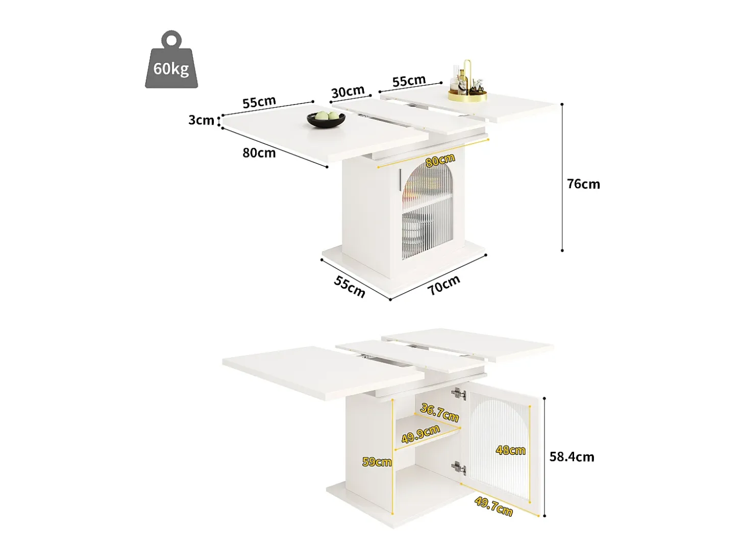 Mesa de comedor extensible blanca - Mesa de comedor con tres compartimentos de almacenamiento y puertas de cristal - almacenamiento abierto