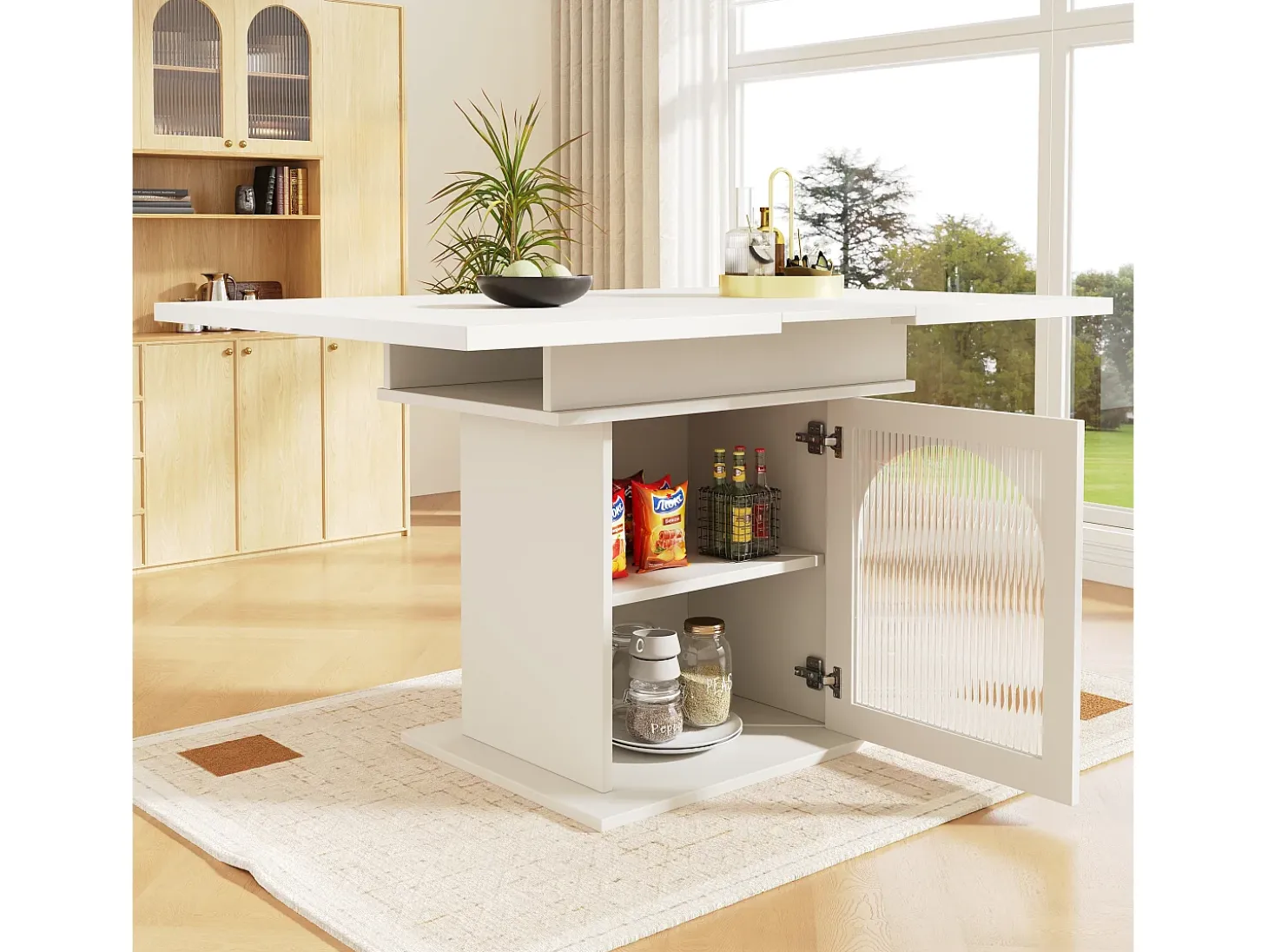 Mesa de comedor extensible blanca - Mesa de comedor con tres compartimentos de almacenamiento y puertas de cristal - almacenamiento abierto