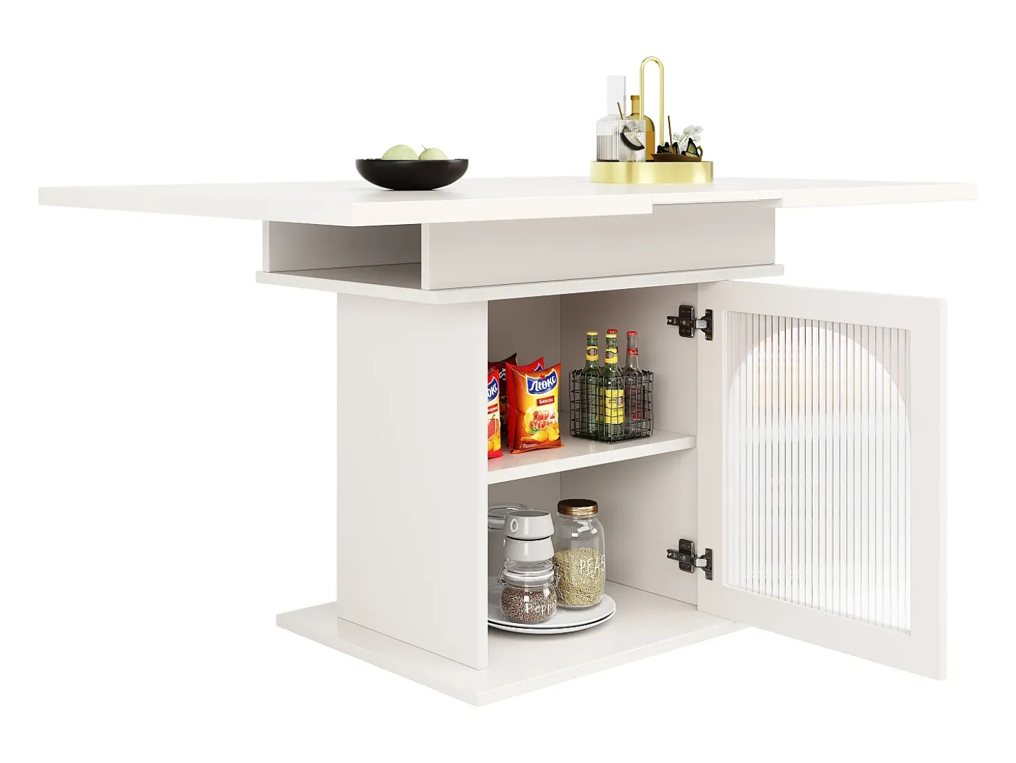 Mesa de comedor extensible blanca - Mesa de comedor con tres compartimentos de almacenamiento y puertas de cristal - almacenamiento abierto