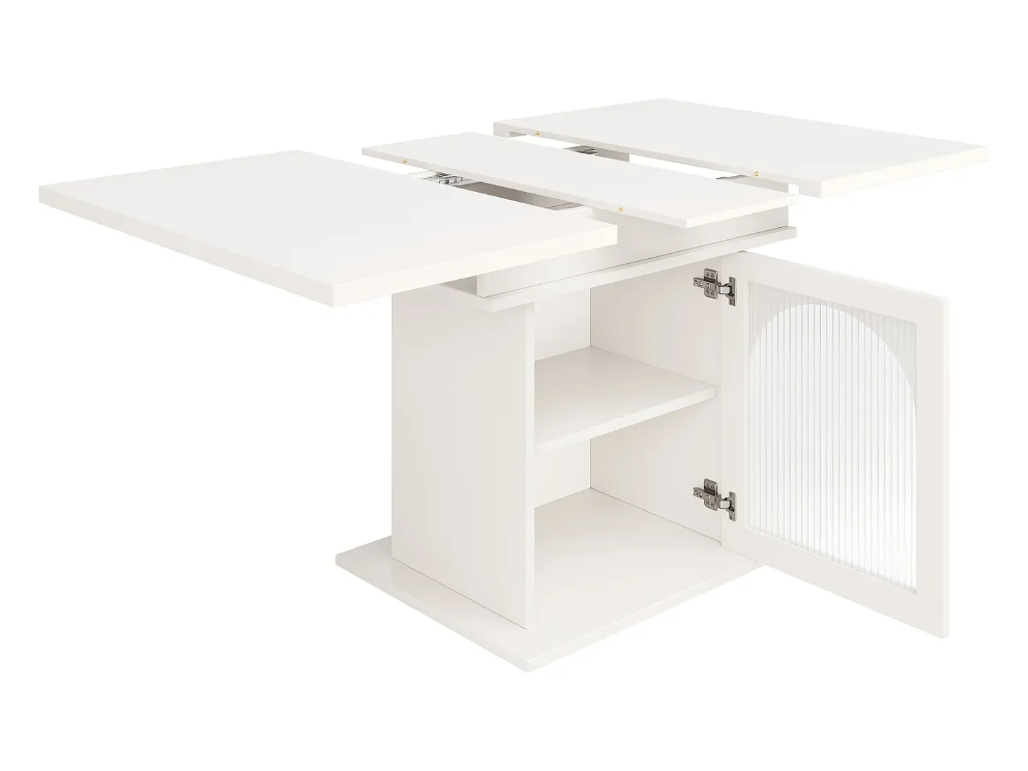 Mesa de comedor extensible blanca - Mesa de comedor con tres compartimentos de almacenamiento y puertas de cristal - almacenamiento abierto
