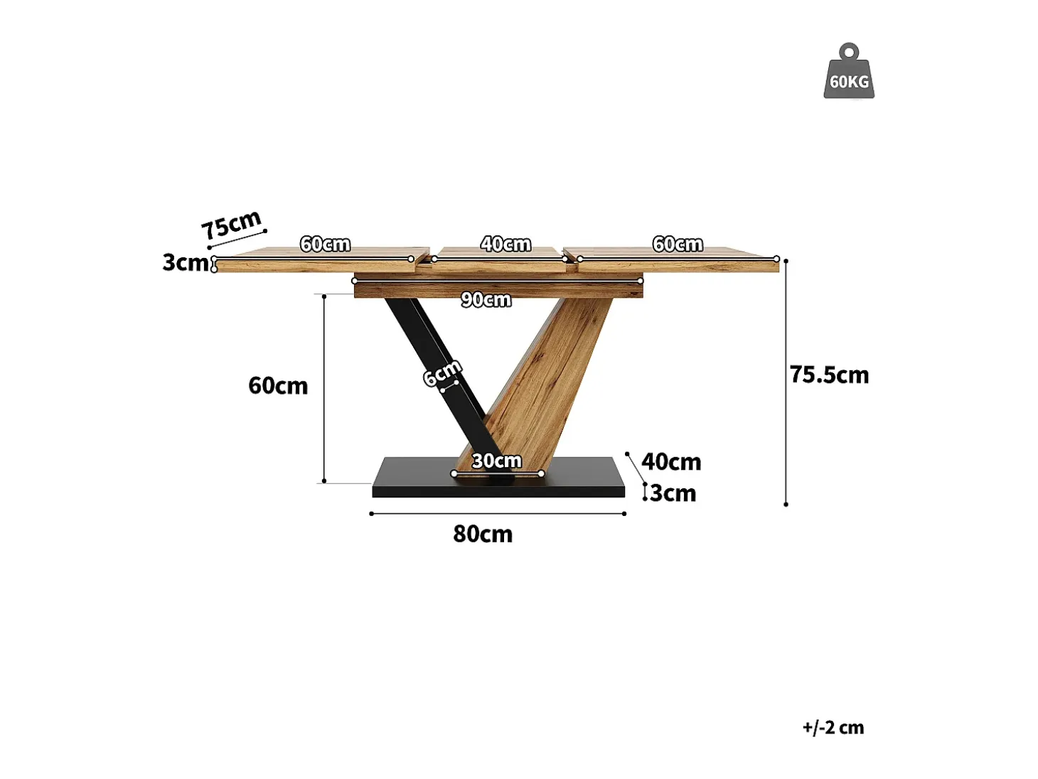Mesa de comedor extensible 120/160x75x75.5 cm - Para 6 personas - MDF + metal - Natural