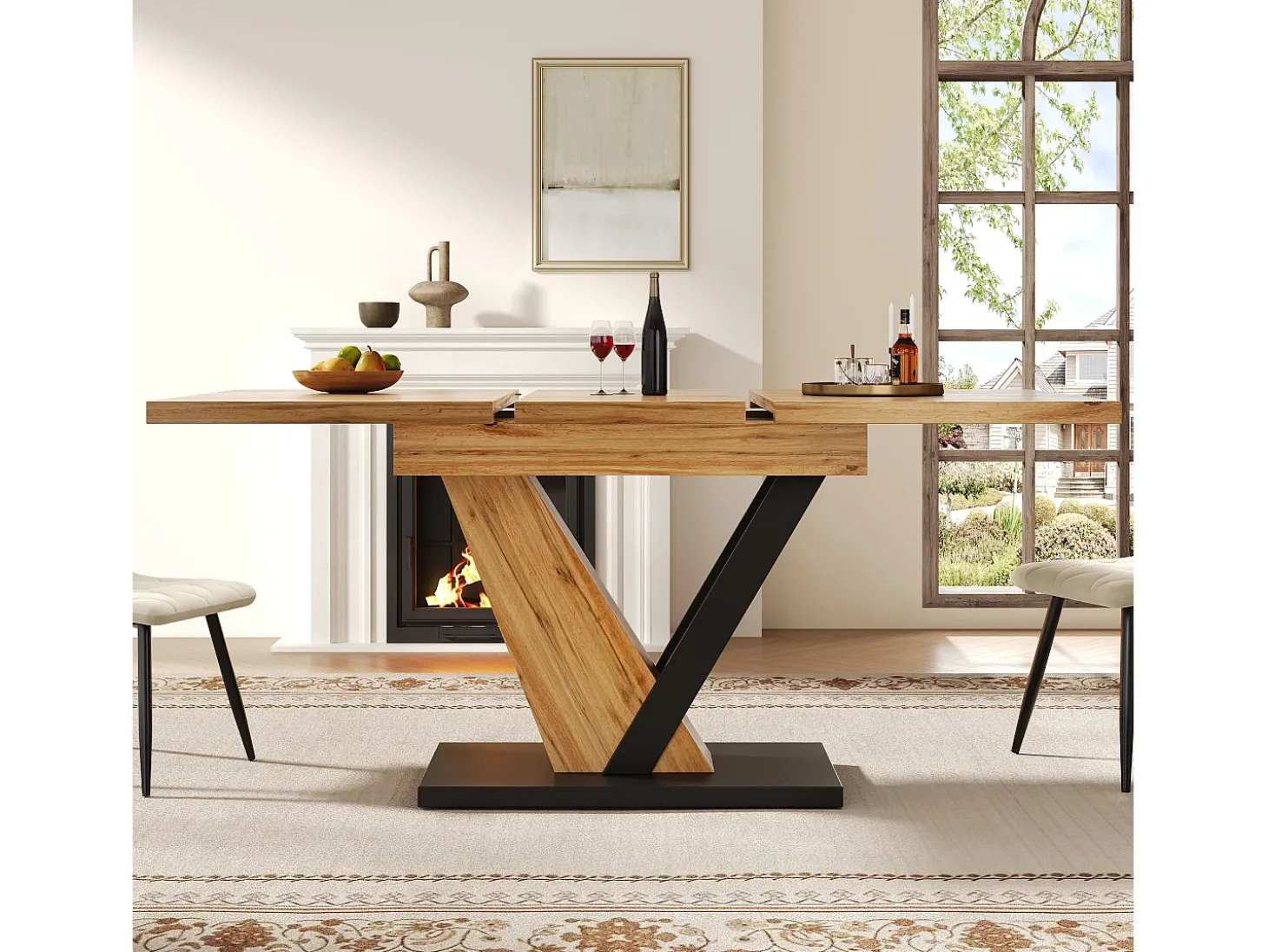 Mesa de comedor extensible 120/160x75x75.5 cm - Para 6 personas - MDF + metal - Natural