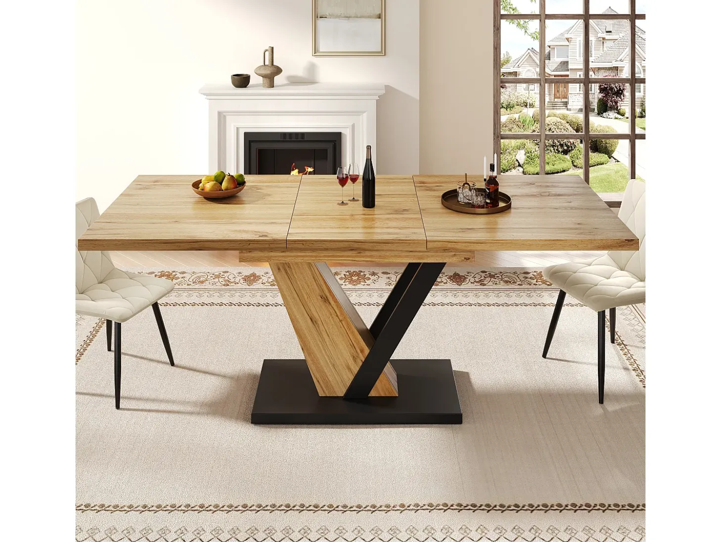 Mesa de comedor extensible 120/160x75x75.5 cm - Para 6 personas - MDF + metal - Natural