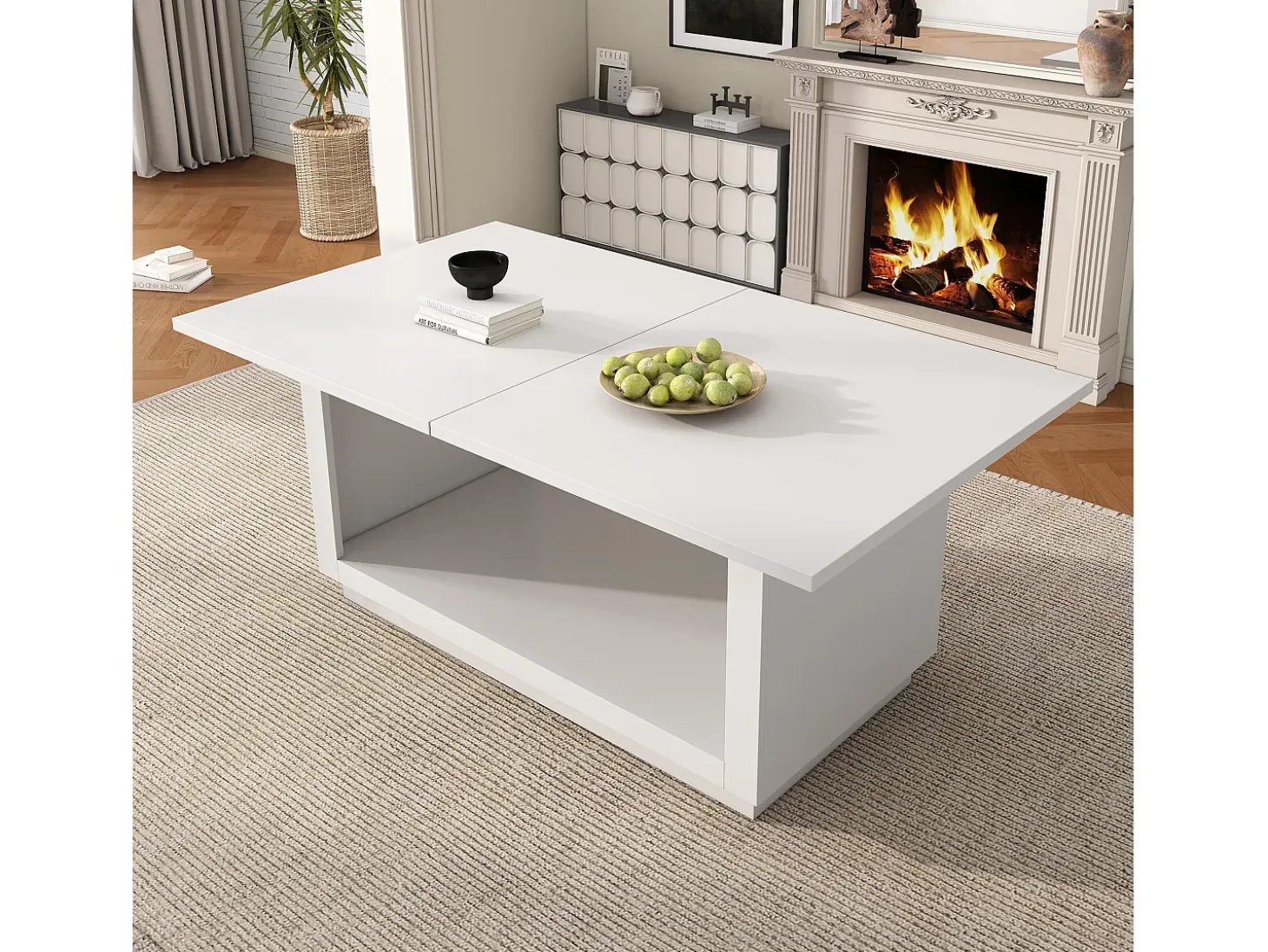 Mesa de comedor extensible, cuadrada, mesa de centro, blanca, MDF, (140/180x70x76,5 cm)